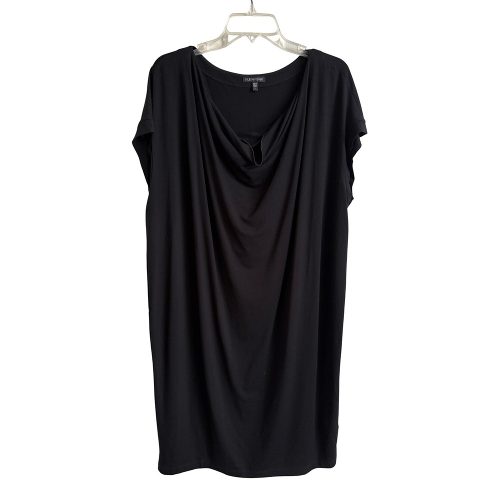 Eileen Fisher Black Viscose Jersey Cowl Neck Midi Shift Dress Minimalist Large